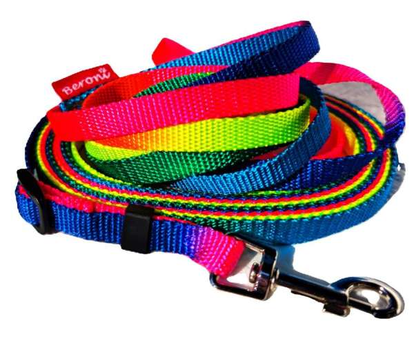 Hochwertige verstellbare Katzenleine / Schleppleine 2,5 bis 5 Meter Länge neon Regenbogenfarben